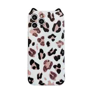 For iPhone 11 Pro Max Cat Ear Leopard Print TPU Straight Edge Protective Case with Lanyard (White)