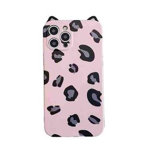 For iPhone 12 Pro Cat Ear Leopard Print TPU Straight Edge Protective Case with Lanyard(Pink)