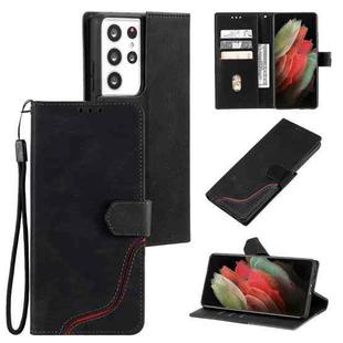 For Samsung Galaxy S21 Ultra 5G Three-color Stitching Calf Texture Horizontal Flip Leather Case with Holder & Card Slots & Wallet(Black)