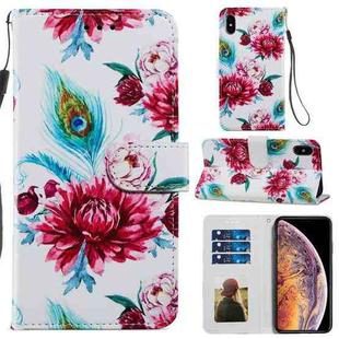 For iPhone XS Max Painted Pattern Horizontal Flip Leather Case with Holder & Card Slots & Photo Frame(Peacock Flower)