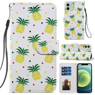 For iPhone 12 / 12 Pro Painted Pattern Horizontal Flip Leather Case with Holder & Card Slots & Photo Frame(Pineapple)