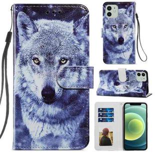 For iPhone 12 / 12 Pro Painted Pattern Horizontal Flip Leather Case with Holder & Card Slots & Photo Frame(White Wolf)