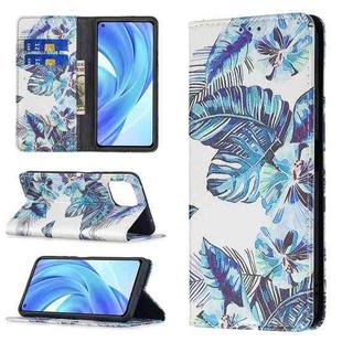 For Xiaomi Mi 11 Lite Colored Drawing Pattern Invisible Magnetic Horizontal Flip PU Leather Case with Holder & Card Slots & Wallet(Blue Leaf)