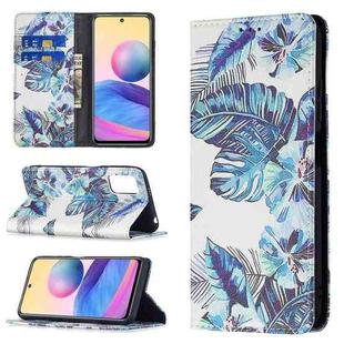 For Xiaomi Poco M3 Pro / Redmi Note 10 5G Colored Drawing Pattern Invisible Magnetic Horizontal Flip PU Leather Case with Holder & Card Slots & Wallet(Blue Leaf)