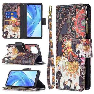 For Xiaomi Mi 11 Lite Colored Drawing Pattern Zipper Horizontal Flip Leather Case with Holder & Card Slots & Wallet(Flower Elephants)