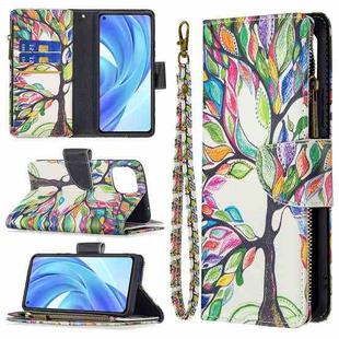 For Xiaomi Mi 11 Lite Colored Drawing Pattern Zipper Horizontal Flip Leather Case with Holder & Card Slots & Wallet(Tree)