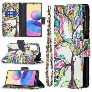 For Xiaomi Poco M3 Pro / Redmi Note 10 5G Colored Drawing Pattern Zipper Horizontal Flip Leather Case with Holder & Card Slots & Wallet(Tree)