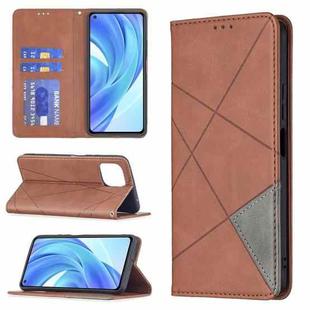 For Xiaomi Mi 11 Lite Rhombus Texture Horizontal Flip Magnetic Leather Case with Holder & Card Slots(Brown)