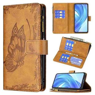For Xiaomi Mi 11 Lite Flying Butterfly Embossing Pattern Zipper Horizontal Flip Leather Case with Holder & Card Slots & Wallet(Brown)
