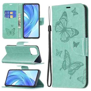For Xiaomi Mi 11 Lite Embossing Two Butterflies Pattern Horizontal Flip PU Leather Case with Holder & Card Slot & Wallet & Lanyard(Green)