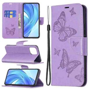 For Xiaomi Mi 11 Lite Embossing Two Butterflies Pattern Horizontal Flip PU Leather Case with Holder & Card Slot & Wallet & Lanyard(Purple)