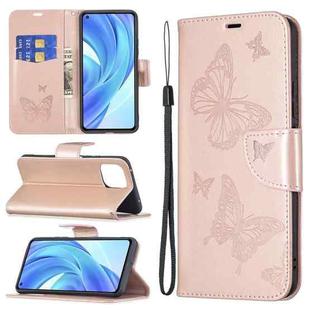 For Xiaomi Mi 11 Lite Embossing Two Butterflies Pattern Horizontal Flip PU Leather Case with Holder & Card Slot & Wallet & Lanyard(Rose Gold)