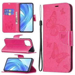 For Xiaomi Mi 11 Lite Embossing Two Butterflies Pattern Horizontal Flip PU Leather Case with Holder & Card Slot & Wallet & Lanyard(Rose Red)