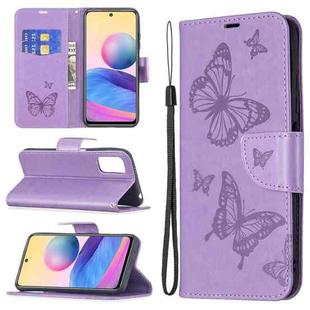 For Xiaomi Poco M3 Pro / Redmi Note 10 5G Embossing Two Butterflies Pattern Horizontal Flip PU Leather Case with Holder & Card Slot & Wallet & Lanyard(Purple)