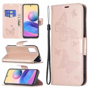 For Xiaomi Poco M3 Pro / Redmi Note 10 5G Embossing Two Butterflies Pattern Horizontal Flip PU Leather Case with Holder & Card Slot & Wallet & Lanyard(Rose Gold)