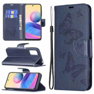 For Xiaomi Poco M3 Pro / Redmi Note 10 5G Embossing Two Butterflies Pattern Horizontal Flip PU Leather Case with Holder & Card Slot & Wallet & Lanyard(Blue)