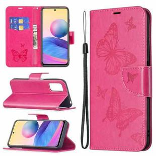 For Xiaomi Poco M3 Pro / Redmi Note 10 5G Embossing Two Butterflies Pattern Horizontal Flip PU Leather Case with Holder & Card Slot & Wallet & Lanyard(Rose Red)