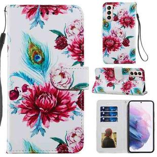 For Samsung Galaxy S21+ 5G Painted Pattern Horizontal Flip Leather Case with Holder & Card Slots & Photo Frame(Peacock Flower)