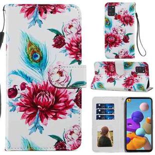 For Samsung Galaxy A21s Painted Pattern Horizontal Flip Leather Case with Holder & Card Slots & Photo Frame(Peacock Flower)