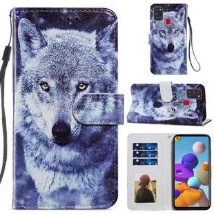 For Samsung Galaxy A21s Painted Pattern Horizontal Flip Leather Case with Holder & Card Slots & Photo Frame(White Wolf)
