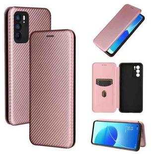 For OPPO Reno6 Carbon Fiber Texture Horizontal Flip TPU + PC + PU Leather Case with Card Slot(Pink)