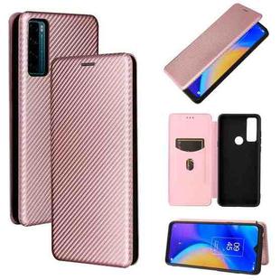 For TCL 20 SE Carbon Fiber Texture Horizontal Flip TPU + PC + PU Leather Case with Card Slot(Pink)