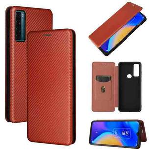 For TCL 20 SE Carbon Fiber Texture Horizontal Flip TPU + PC + PU Leather Case with Card Slot(Brown)