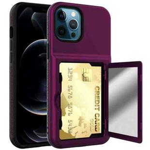 Shockproof PC + TPU Protective Case with Card Slots & Mirror For iPhone 12 / 12 Pro(Dark Purple + Black)