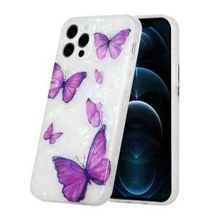 For iPhone 12 / 12 Pro Shell Texture Pattern Full-coverage TPU Shockproof Protective Case(Purple Butterflies)