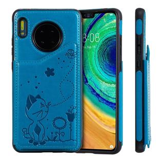 For Huawei Mate 30 Cat Bee Embossing Pattern Shockproof Protective Case with Card Slots & Photo Frame(Blue)