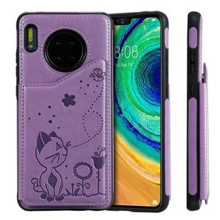 For Huawei Mate 30 Cat Bee Embossing Pattern Shockproof Protective Case with Card Slots & Photo Frame(Purple)