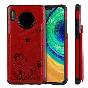 For Huawei Mate 30 Cat Bee Embossing Pattern Shockproof Protective Case with Card Slots & Photo Frame(Red)