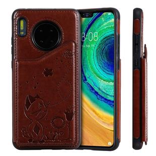 For Huawei Mate 30 Cat Bee Embossing Pattern Shockproof Protective Case with Card Slots & Photo Frame(Brown)