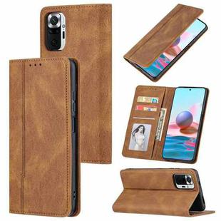 For Xiaomi Poco M3 / Redmi Note 9 4G Skin Feel Pressure Line Magnetic Horizontal Flip Leather Case with Holder & Card Slot & Wallet & Photo Frame(Brown)