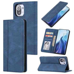 For Xiaomi Mi 11 Skin Feel Pressure Line Magnetic Horizontal Flip Leather Case with Holder & Card Slot & Wallet & Photo Frame(Blue)