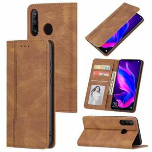 For Huawei P30 lite Skin Feel Pressure Line Magnetic Horizontal Flip Leather Case with Holder & Card Slot & Wallet & Photo Frame(Brown)