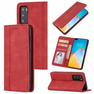 For Huawei P40 Skin Feel Pressure Line Magnetic Horizontal Flip Leather Case with Holder & Card Slot & Wallet & Photo Frame(Red)