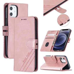 For iPhone 12 mini Stitching Style 2-Color Cow Texture Horizontal Flip PU Leather Case with Holder & Card Slot & Lanyard (Rose Gold)