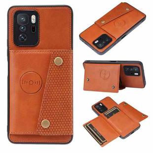 For Xiaomi Redmi Note 10 Pro 5G Double Buckle PU + TPU Shockproof Magnetic Protective Case with Card Slot & Holder(Brown)