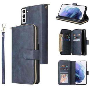 For Samsung Galaxy S21 Zipper Wallet Bag Horizontal Flip PU Leather Case with Holder & 9 Card Slots & Wallet & Lanyard & Photo Frame(Blue)