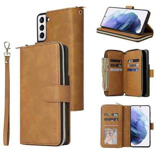 For Samsung Galaxy S21 Zipper Wallet Bag Horizontal Flip PU Leather Case with Holder & 9 Card Slots & Wallet & Lanyard & Photo Frame(Brown)