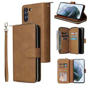 For Samsung Galaxy S21 FE Zipper Wallet Bag Horizontal Flip PU Leather Case with Holder & 9 Card Slots & Wallet & Lanyard & Photo Frame(Brown)