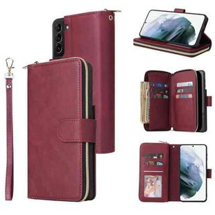 For Samsung Galaxy S21+ Zipper Wallet Bag Horizontal Flip PU Leather Case with Holder & 9 Card Slots & Wallet & Lanyard & Photo Frame(Red Wine)
