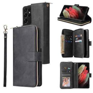 For Samsung Galaxy S21 Ultra Zipper Wallet Bag Horizontal Flip PU Leather Case with Holder & 9 Card Slots & Wallet & Lanyard & Photo Frame(Black)