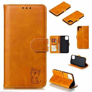 For iPhone 13 mini Embossed Happy Cat Pattern Horizontal Flip Leather Case with Holder & Card Slots & Wallet (Yellow)