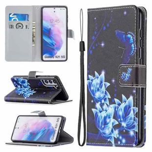 For Samsung Galaxy S21 5G Colored Drawing Pattern Horizontal Flip PU Leather Case with Holder & Card Slots & Wallet & Lanyard(Blue Lotus)