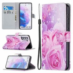 For Samsung Galaxy S21 5G Colored Drawing Pattern Horizontal Flip PU Leather Case with Holder & Card Slots & Wallet & Lanyard(Rose Flower)