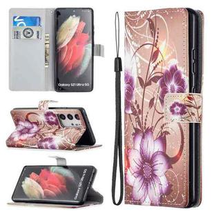 For Samsung Galaxy S21 Ultra 5G Colored Drawing Pattern Horizontal Flip PU Leather Case with Holder & Card Slots & Wallet & Lanyard(Lotus)