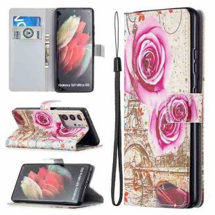 For Samsung Galaxy S21 Ultra 5G Colored Drawing Pattern Horizontal Flip PU Leather Case with Holder & Card Slots & Wallet & Lanyard(Rose Tower)