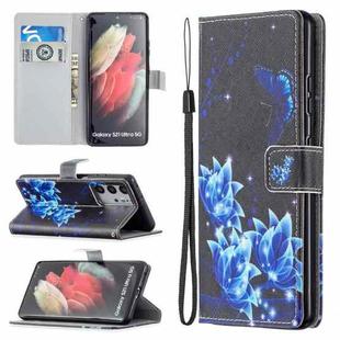 For Samsung Galaxy S21 Ultra 5G Colored Drawing Pattern Horizontal Flip PU Leather Case with Holder & Card Slots & Wallet & Lanyard(Blue Lotus)